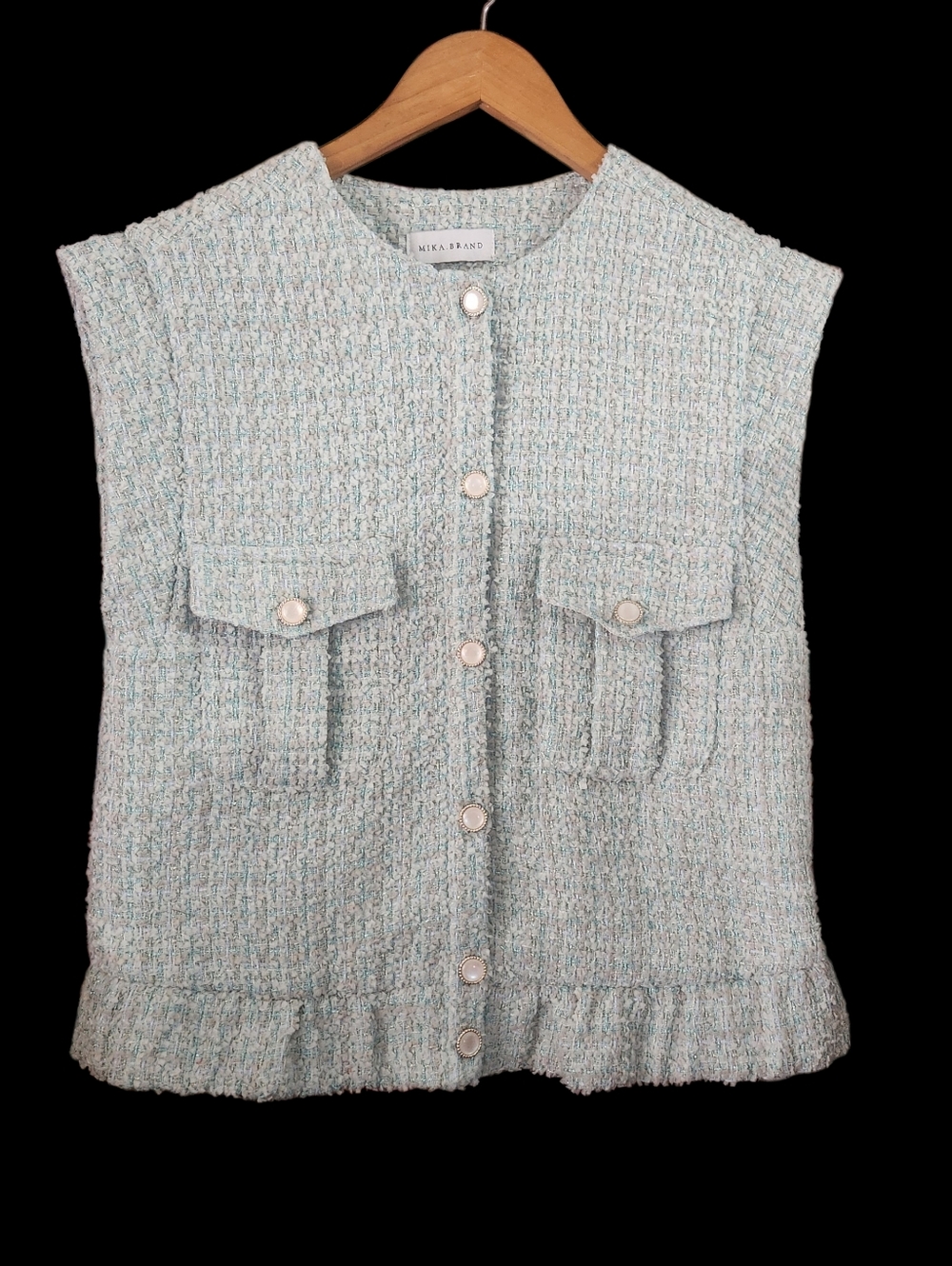 Mika Brand Crystal Tweed Sleeveless Button Vest in Light Mint